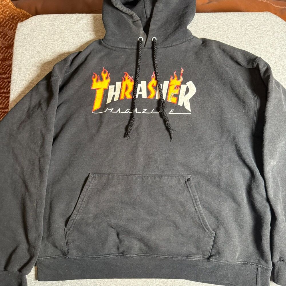 Vintage Thrasher Magazine Sweatshirt Adult Large Black Hoodie Skater Grunge Y2K